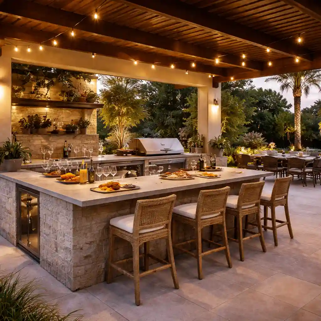 3D render of an outdoor kitchen with grill island and bar seating for entertaining.